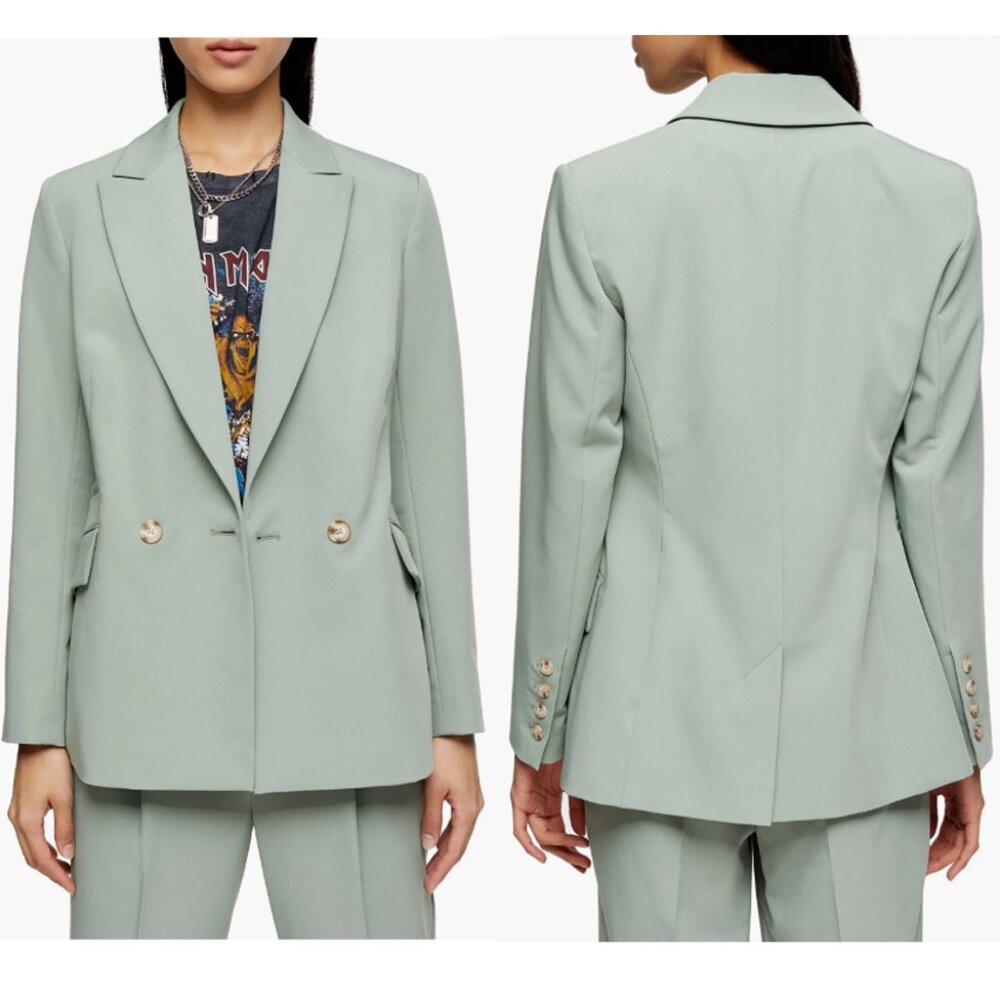 NEW Topshop Kiki Double Breasted Blazer Jacket Size 6 Sage Green Retro Chic $95